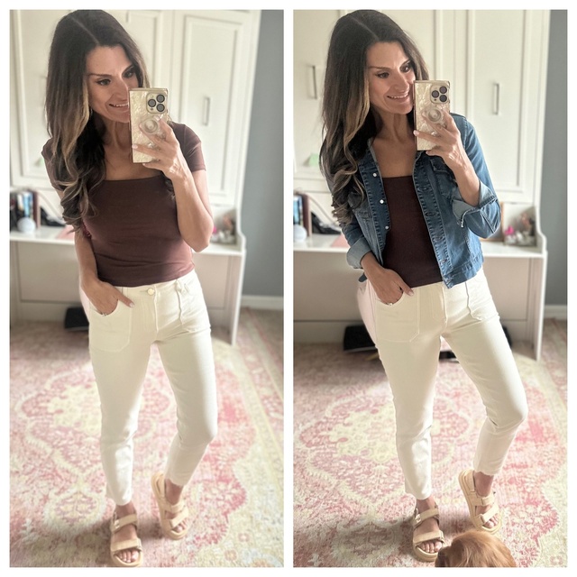 e white jeans - I sized up one size to M in the jacket and tee. Everything else is true to size. Wearing a 4/27 in the jeans.