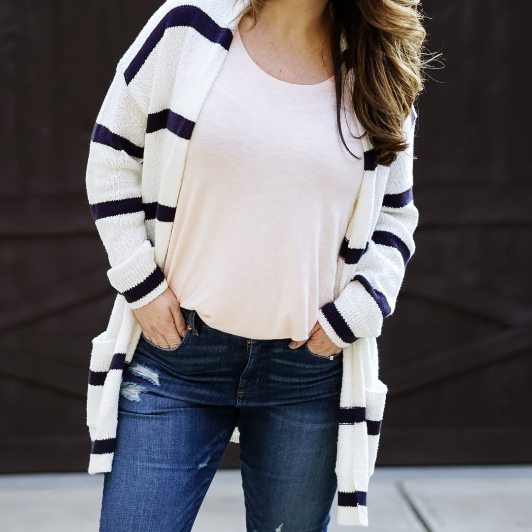 Man last week I was all set for it to be spring and now it’s in the 20s UGH! Yet I realized I really need to pull out some of my transitional outfits for the times when it’s a bit chilly. I’m loving this thicker knit striped cardigan that is longer and has a good weight for those mornings with a bit of chill. I have it paired with stretchy jeans and pink tank to complete the spring vibe while still being pretty covered. My open toe booties are from a previous season but they bought back a pair that is REALLY similar and seeing that I wear mine all.the.time I would encourage you to grab a pair. Cardigan, tank, shoes and jeans run tts. #ShopStyle #MyShopStyle #LooksChallenge #ContributingEditor