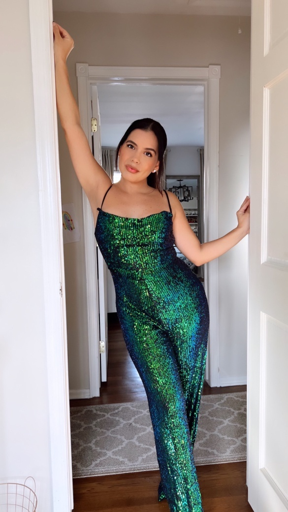 Look by byerikabatista featuring Dancing to the Music Green Iridescent Sequin Wide-Leg Jumpsuit