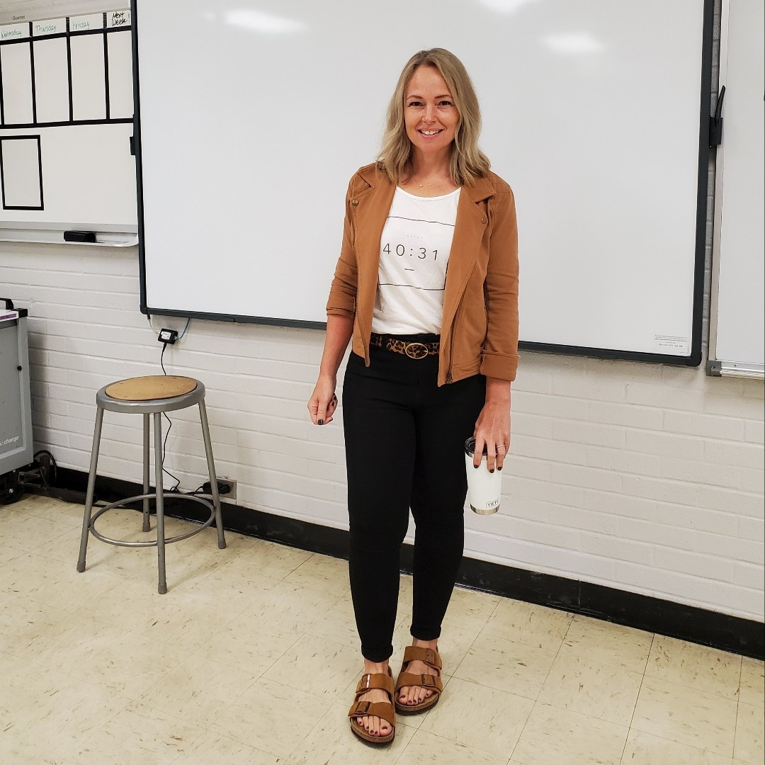 Look by everydayteacherstyle featuring Birkenstock Arizona Soft Footbed (Mink Suede) Shoes