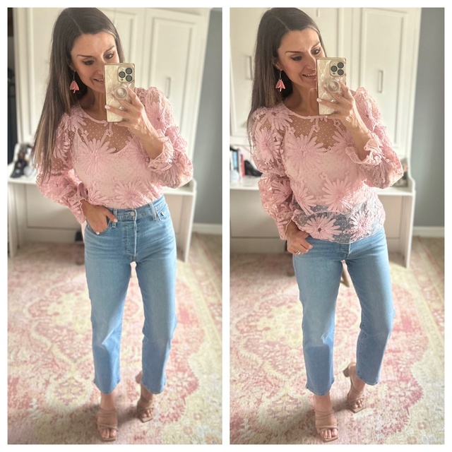 Cute pink top for spring - Everything is true to size. Wearing a small in the top and 4/27 in the jeans.