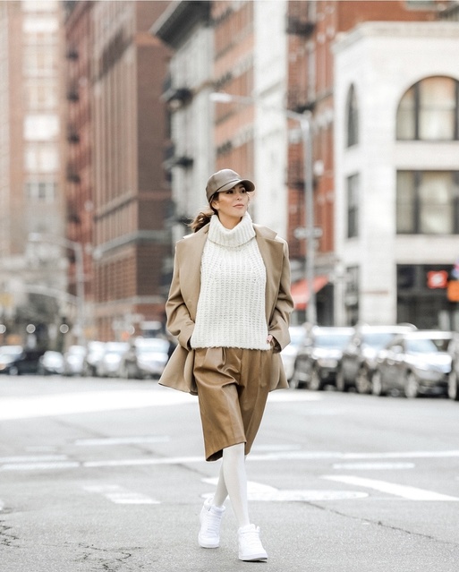 ual in an oversized blazer, faux leather Bermuda shorts, and white sneakers.  #ShopStyle #MyShopStyle #LooksChallenge #Winter