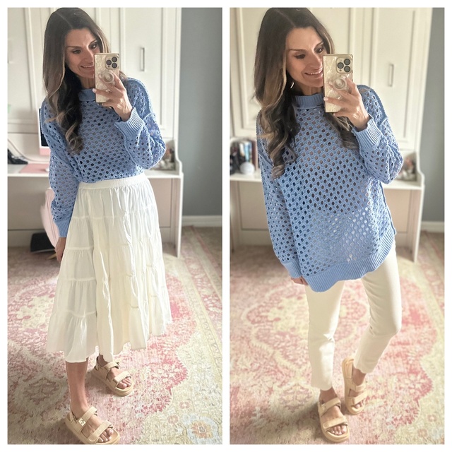 TED10 to save 10% off my sweater and skirt. Everything is true to size. Wearing a small in the sweater and 4/27 in the jeans.