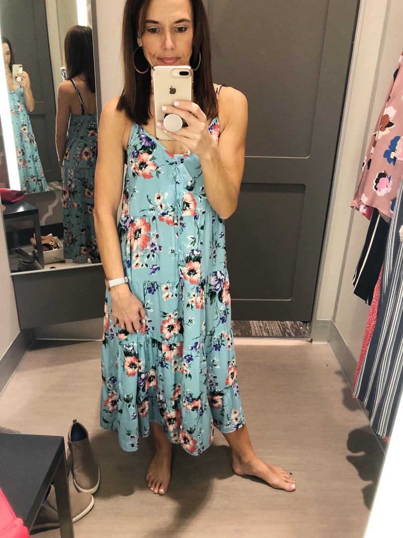 Look by coffeeandcannoli featuring Xhilaration Women's Floral Print Scoop Neck Strappy Button Front Tiered Midi Dress - Xhilaration Dusty Blue
