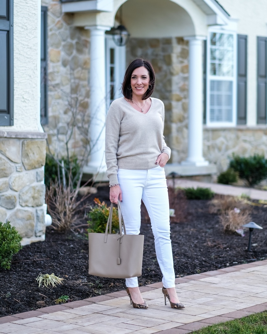 Look by Jo-Lynne Shane featuring The Softest Cashmere V-Neck Oatmeal