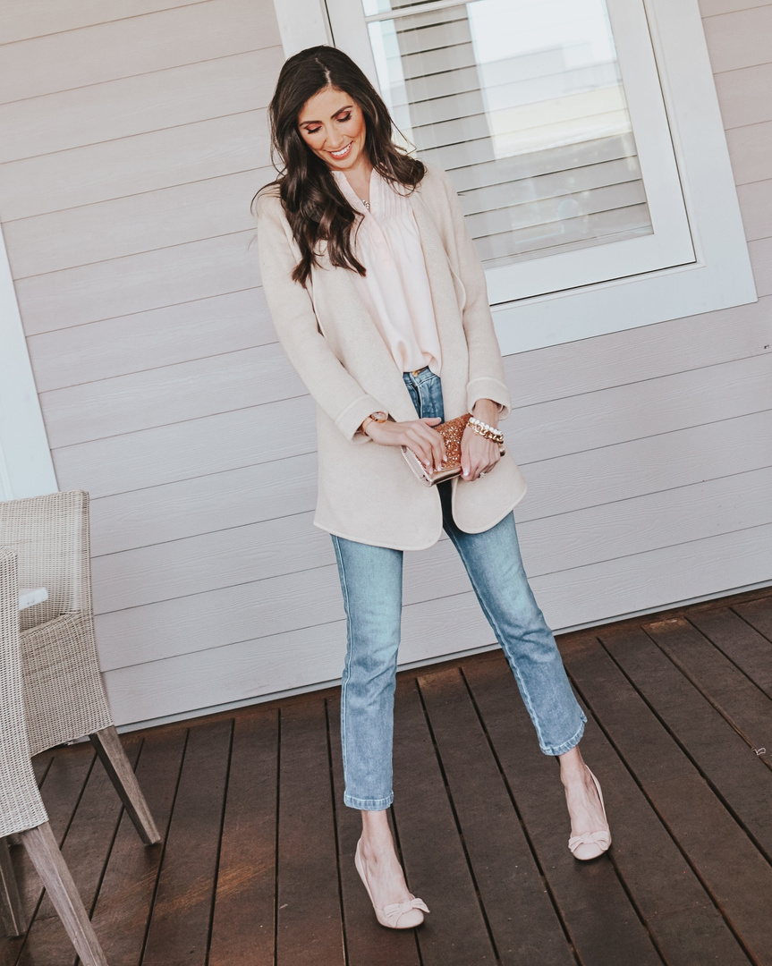 Beige doesn't have to be boring! I like mixing it up with a pastel blouse and pumps and some sparkly accessories to keep it interesting! Little details like ruffles bows are always a plus in my book and presto! You have a the perfect chic outfit to transition into spring! #ShopStyle #MyShopStyle #LooksChallenge #ContributingEditor #Winter #Lifestyle #TrendToWatch #ootd #outfitinspo #jcrew #ruffles #sparkle #beige #pink #springstyle #spring #springcolors #knitblazer #minneapolisbloggers #momstyle