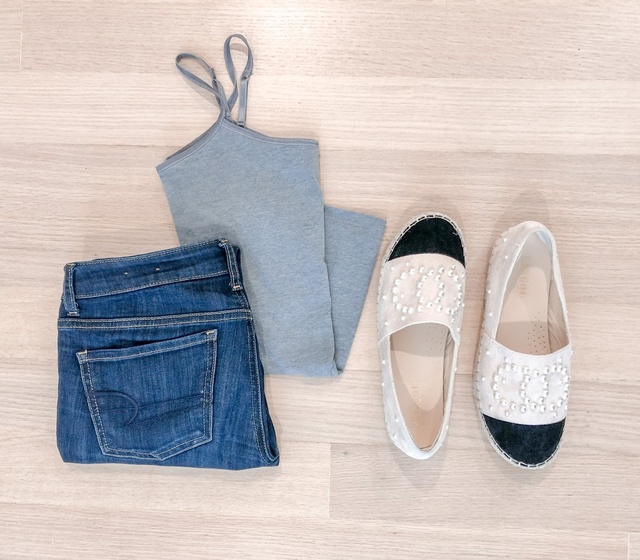 classic casual #loungewear #aejeans #chanel #cami #jeggings #espadrilles