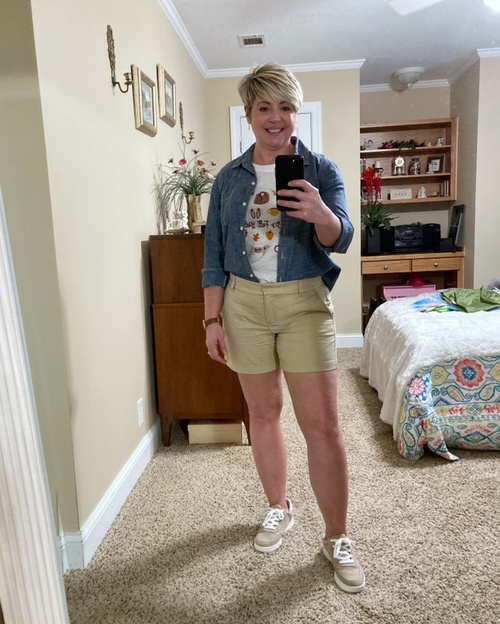 Look by Savvy Southern Chic featuring Amazon Essentials Women's 5" Inseam Chino Shorts
