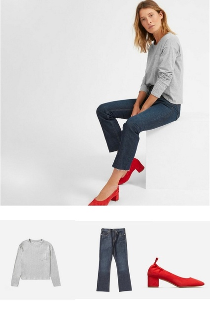 Tee | Grey Sweatshirt | Womens Denim | Everyone | Red Heels | Red Shoes | #ShopStyle #shopthelook #MyShopStyle #OOTD #afflink