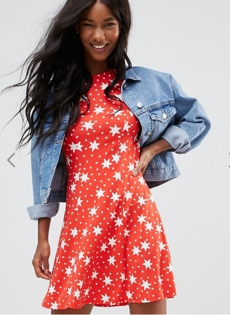 red denim overall dress