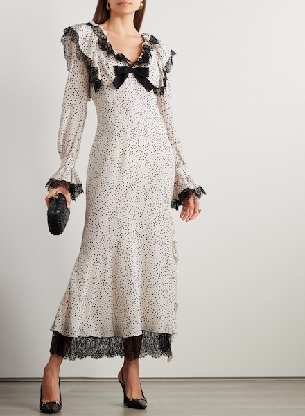 Lace-Trimmed Polka-Dot Silk Maxi Dress