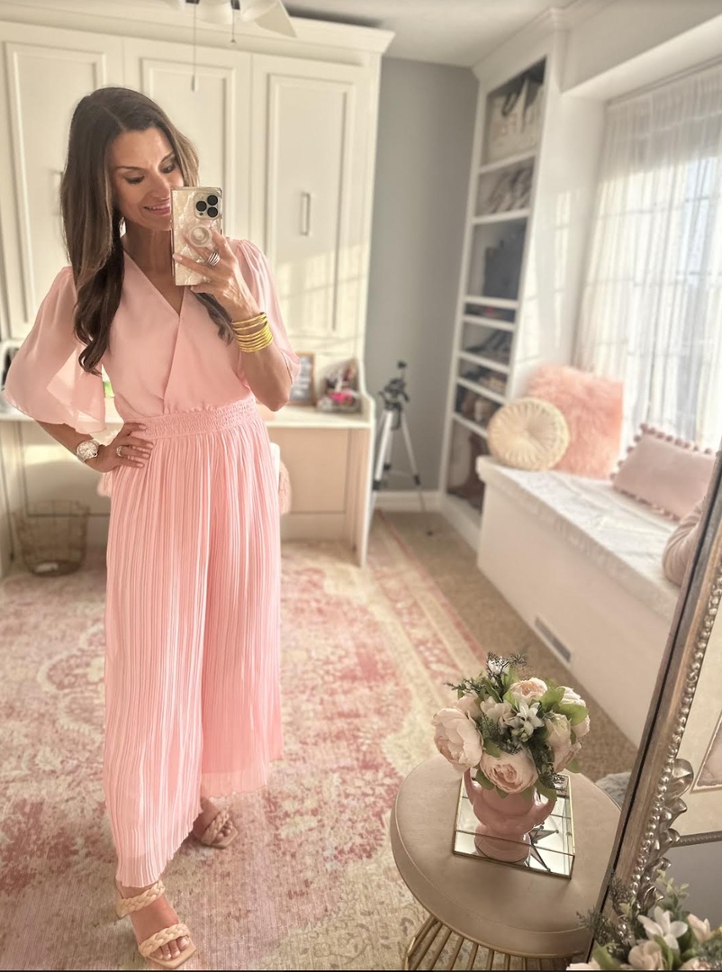 Look by Just Posted featuring BTFBM Women Chiffon Wrap V Neck Summer Jumpsuit Spring Mesh Half Sleeve Elastic Waist Pleated Wide Leg Long Pants Romper