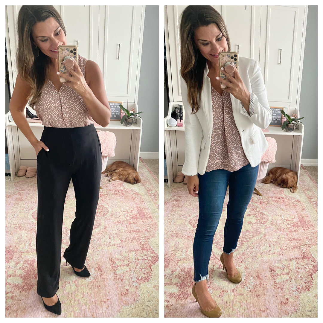 Look by Just Posted featuring Ruffle Detail V-Neck Shell